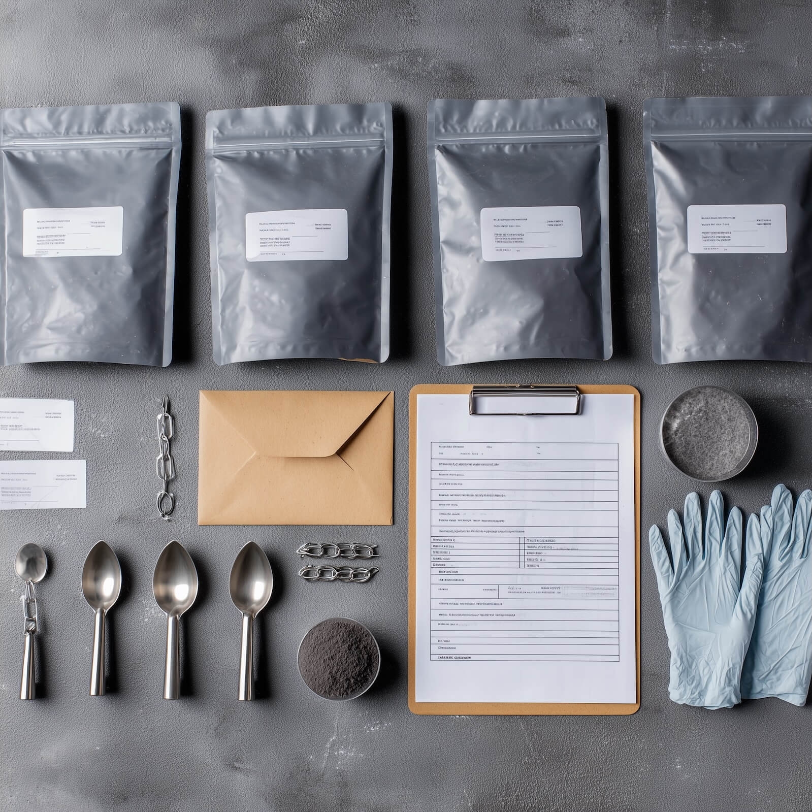 Probenahmeset im Einsatz für ein Labor für Bodenproben: Beutel, Etiketten und Zubehör