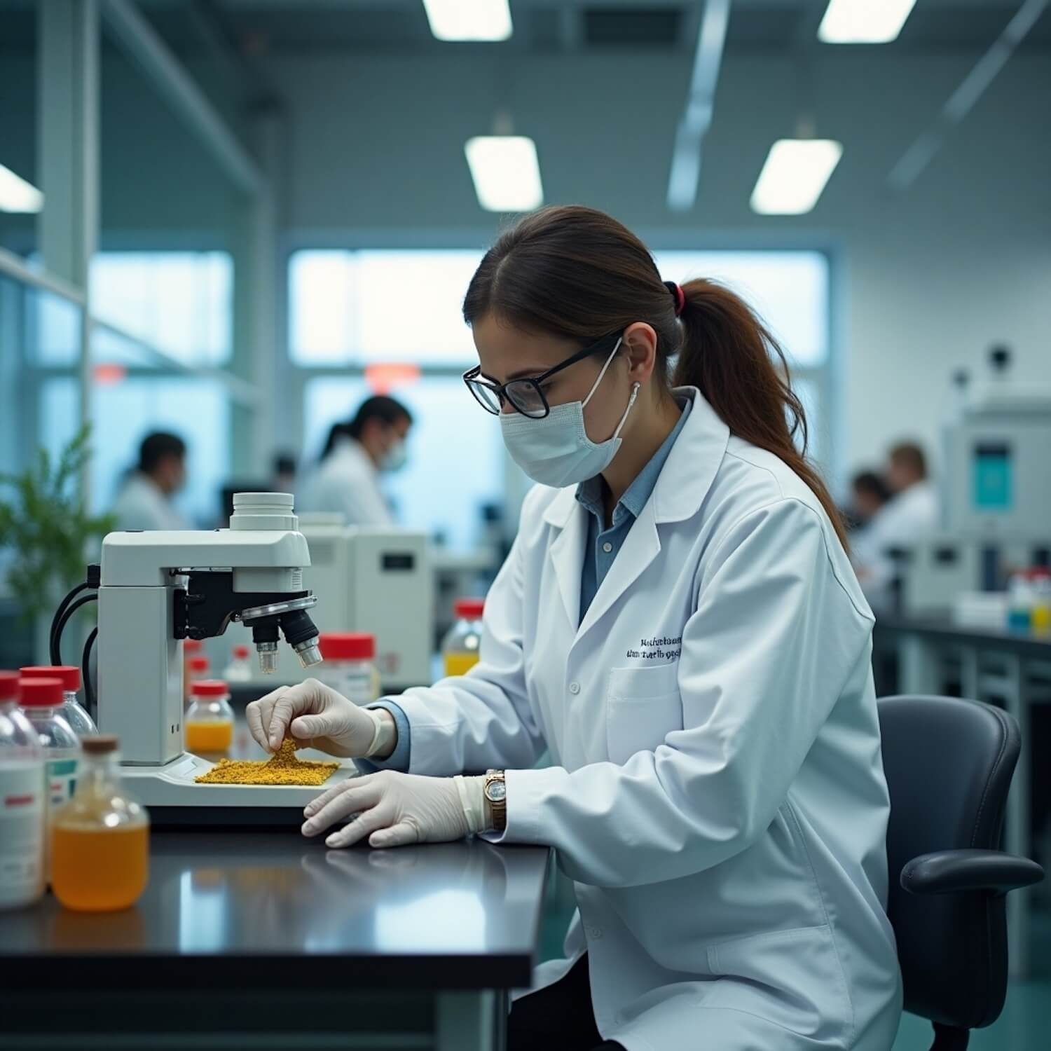 Mitarbeiterin im Labor analysiert Bodenprobe unter dem Mikroskop zur Beurteilung der Korngrößenverteilung und Materialbeschaffenheit