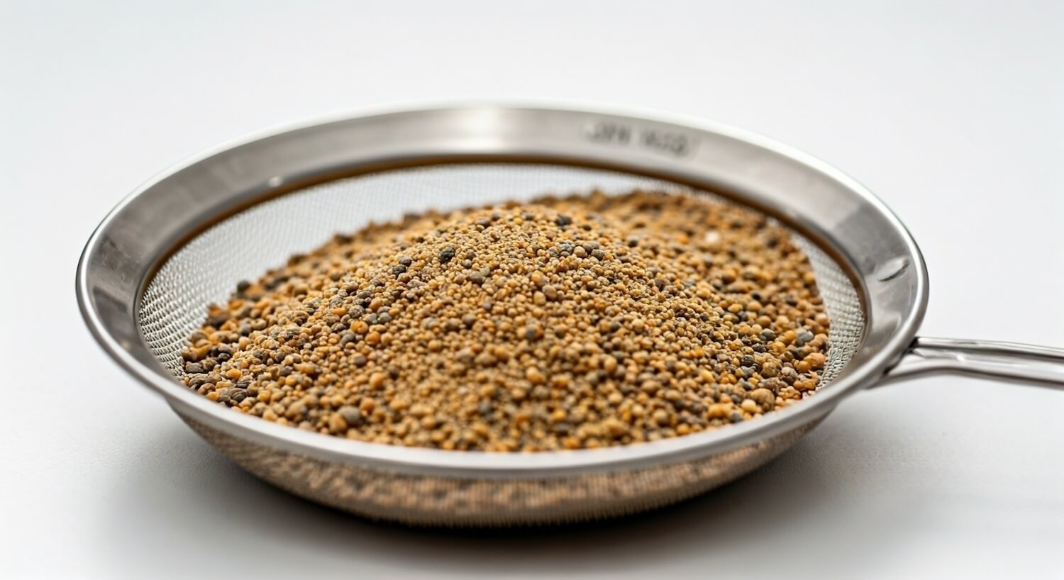 Edelstahl-Prüfsieb mit Sand- und Bodenprobe zur Bestimmung der Korngrößenverteilung im Labor