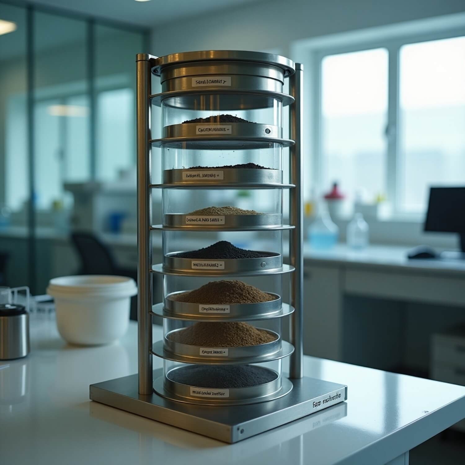 Siebturm mit Edelstahl-Prüfsieben und unterschiedlichen Bodenproben zur Bestimmung der Korngrößenverteilung im GBM Labor Ettlingen