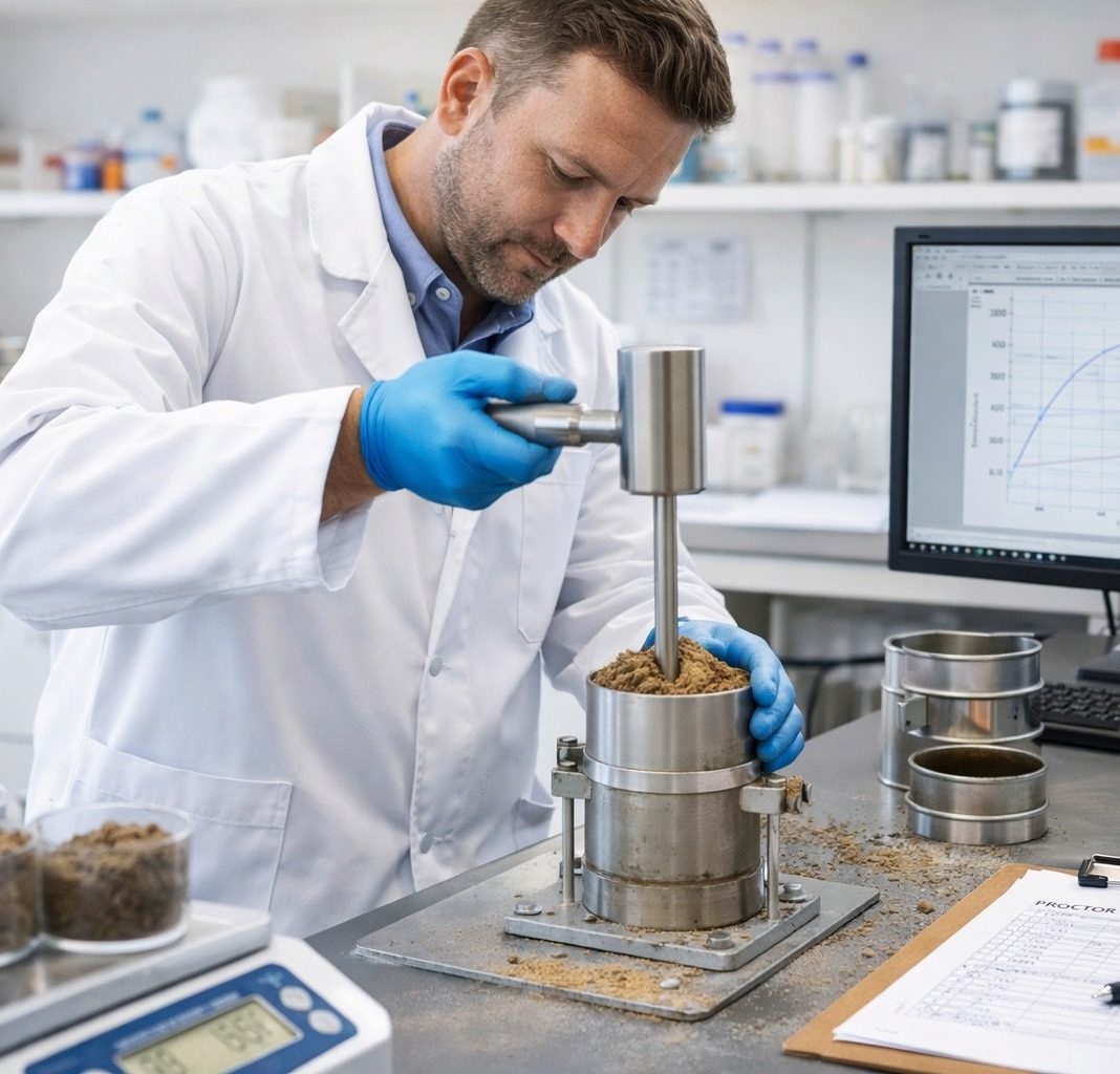 Laborant führt Proctorversuch durch und bestimmt die Proctordichte von Bodenproben