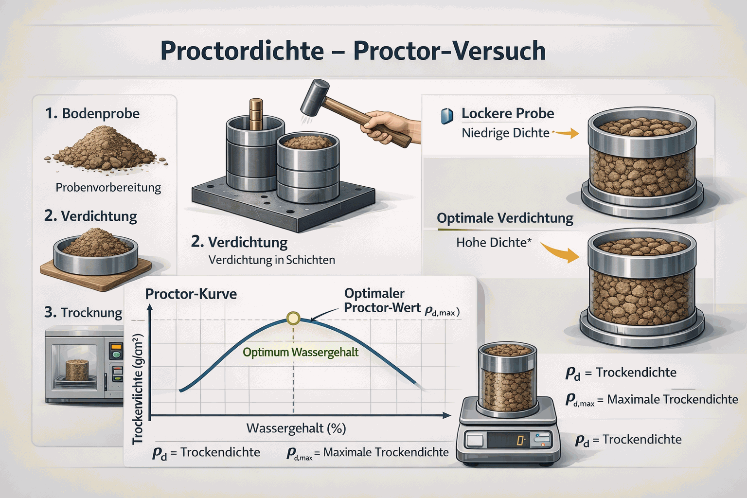 Infografik zur Proctordichte im Proctor-Versuch: Bodenprobe, Verdichtung in Schichten, Trocknung und Proctor-Kurve mit optimalem Wassergehalt und maximaler Trockendichte.