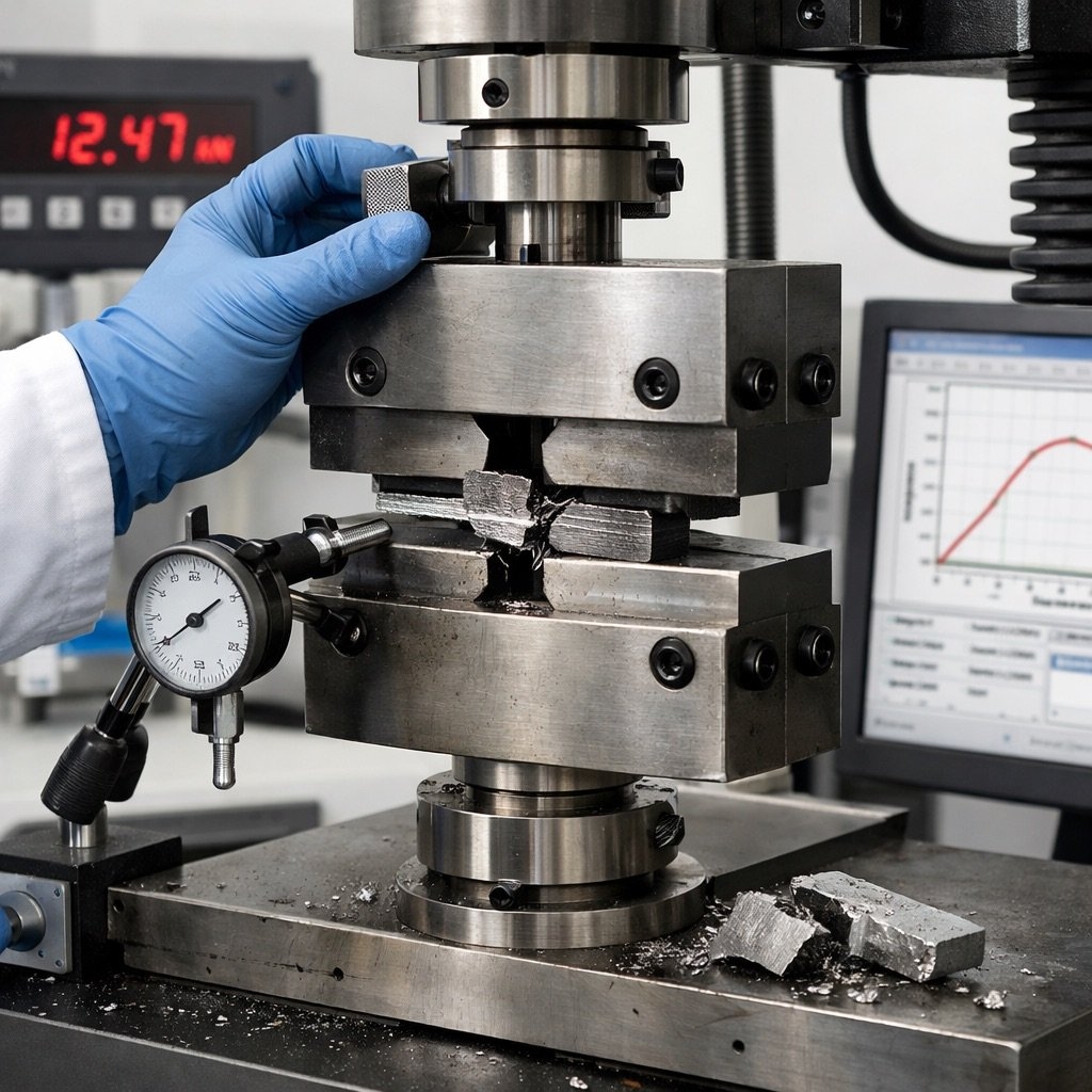 Scherversuch an einer Metallprobe in einer Prüfmaschine im Labor