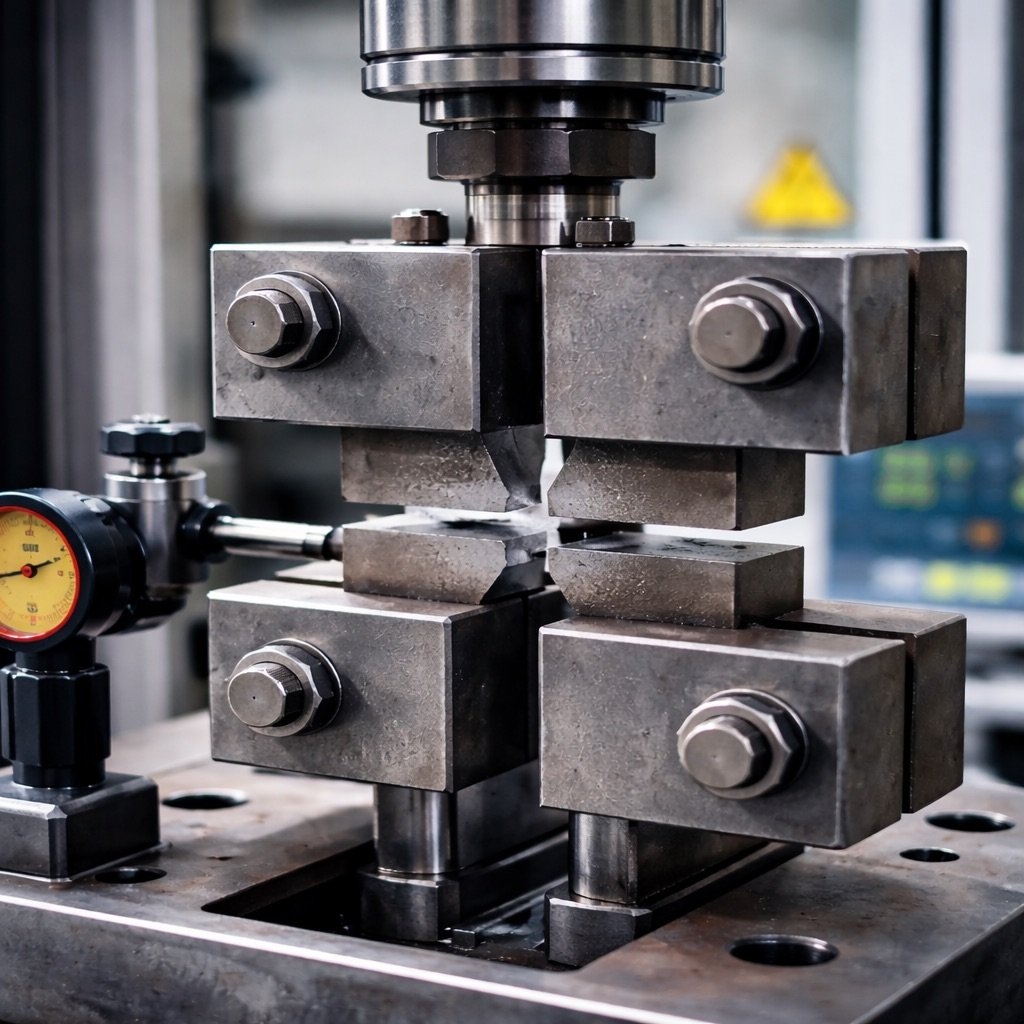 Scherversuch an einer Universalprüfmaschine mit Scherwerkzeug und eingespanntem Probekörper