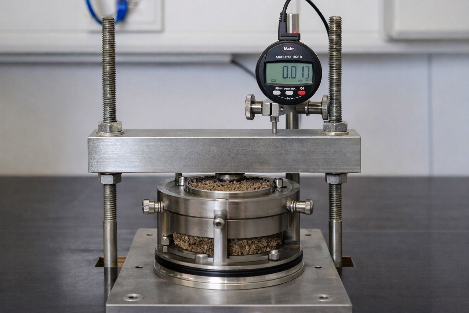 Scherversuch: Labor-Prüfgerät mit Messuhr zur Bestimmung der Scherfestigkeit einer Probe