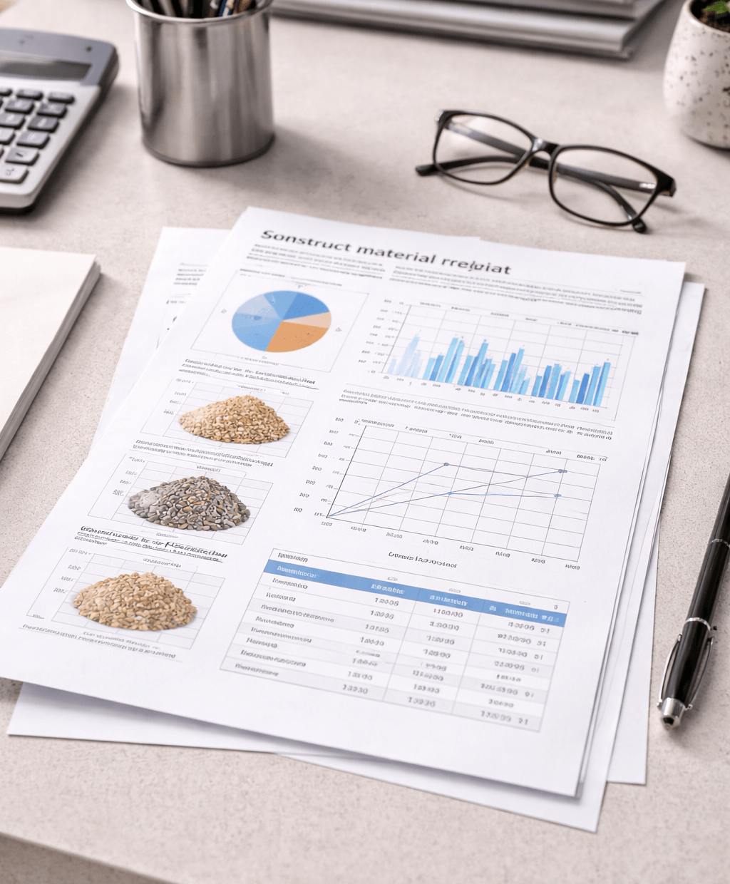Bericht zur Baustoffprüfung mit Diagrammen und Materialproben auf dem Schreibtisch, neben Brille und Stift.