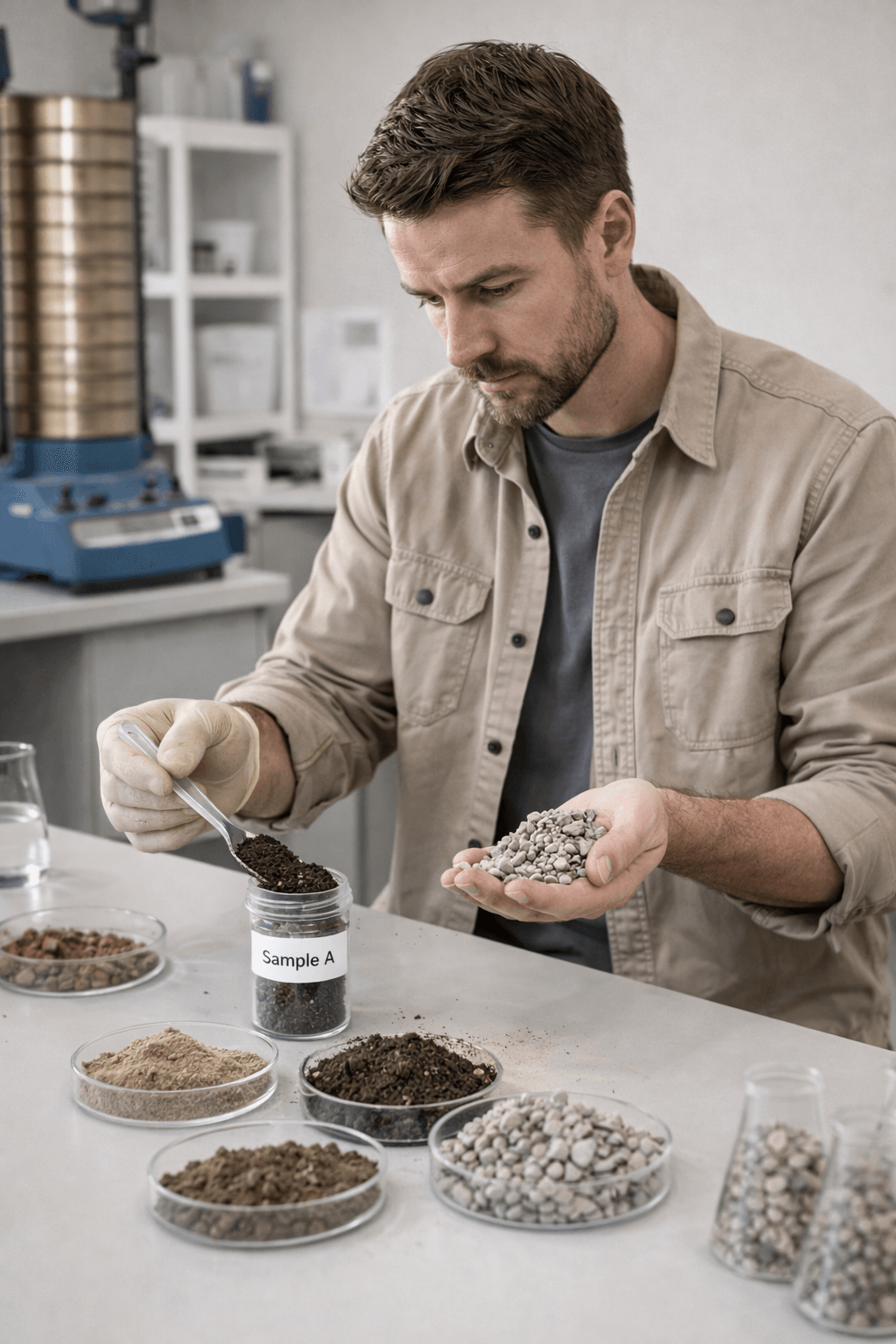 Baustoffprüfer untersucht Boden- und Gesteinsproben im Labor, füllt Probe in ein Glas und vergleicht verschiedene Materialien.