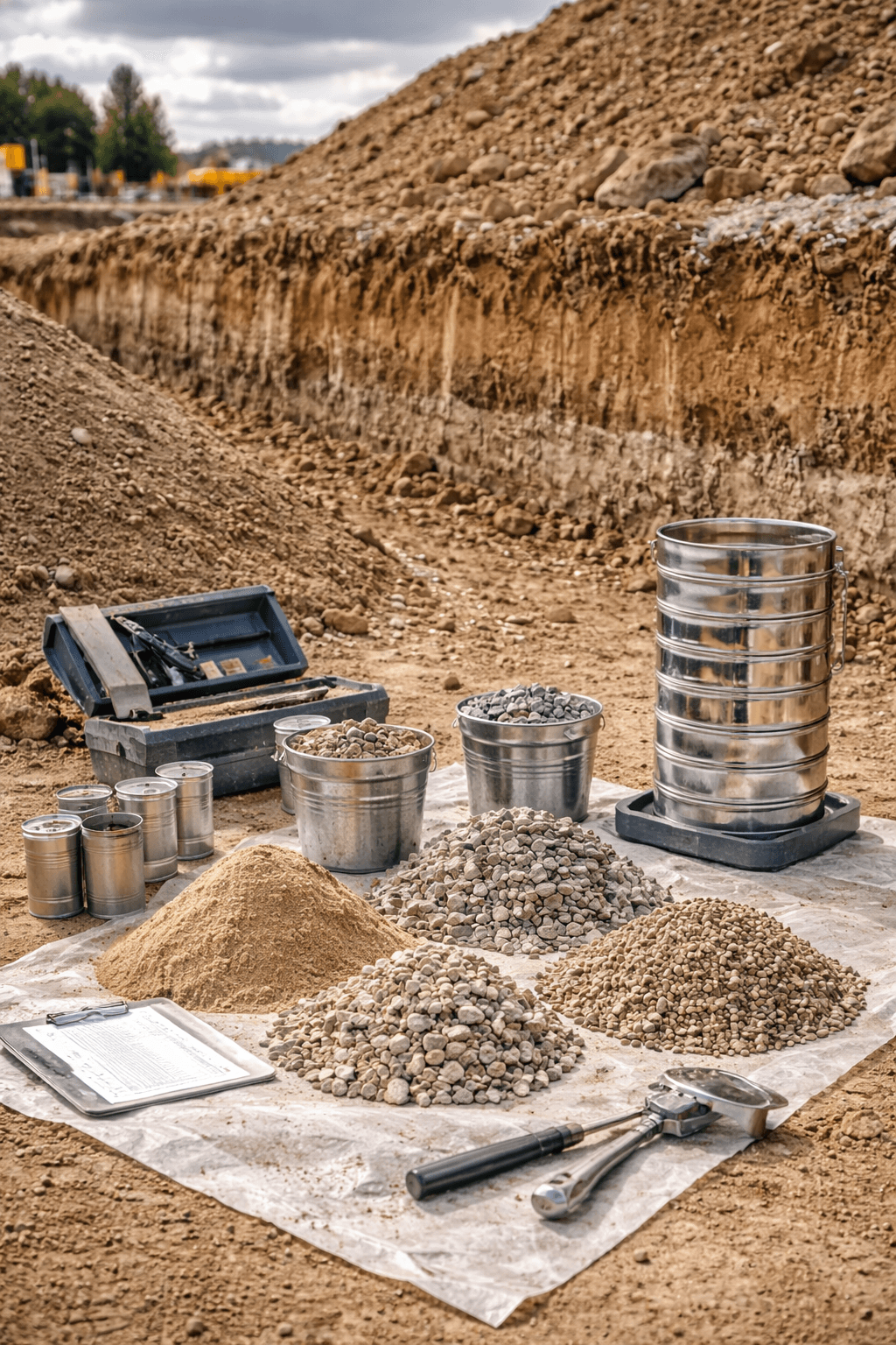 Prüfset für Baustoffprüfung auf Baustelle mit Siebturm, Probenbehältern sowie Sand- und Kieshaufen zur Korngrößenanalyse.