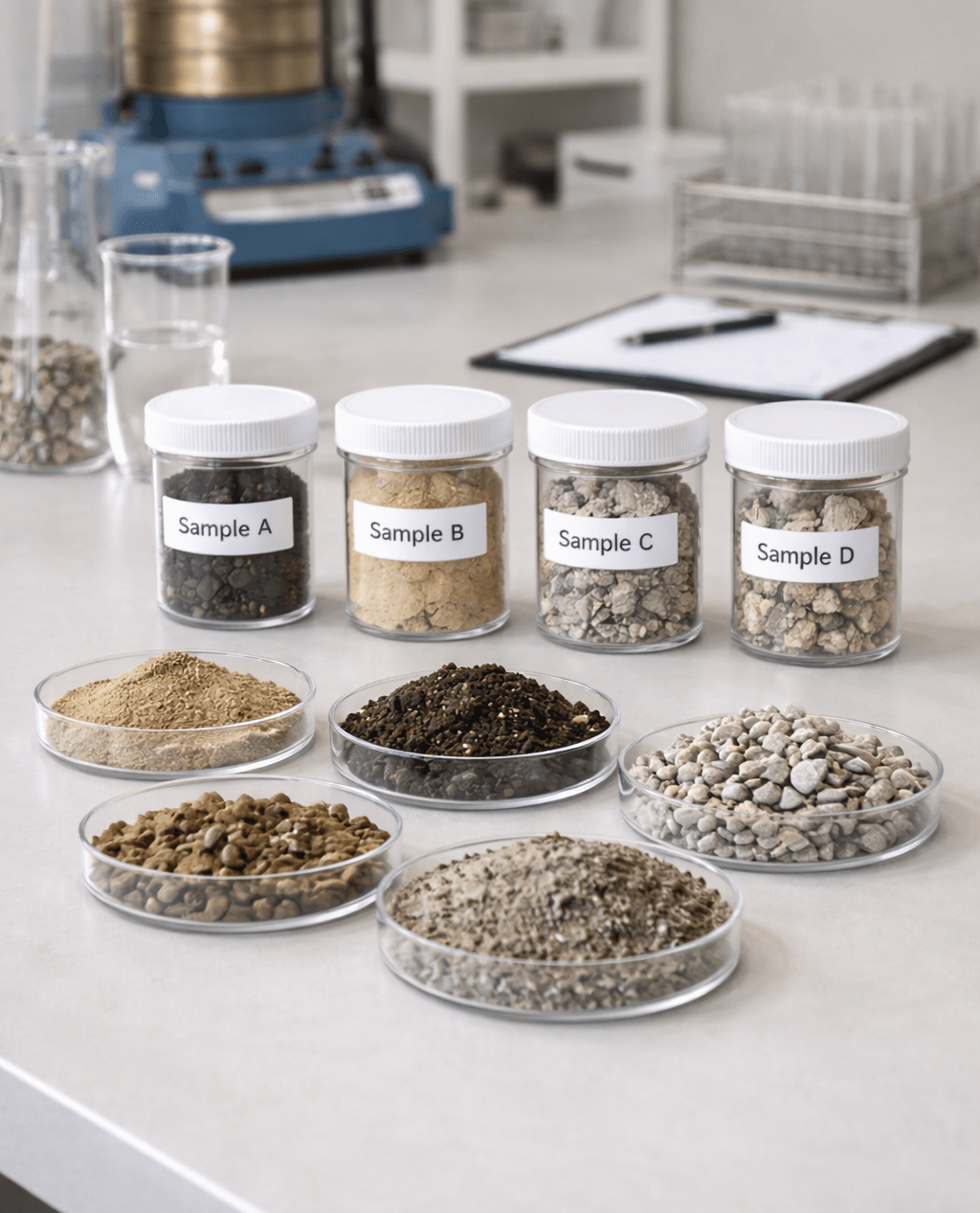 Baustoffprüfer-Labor mit beschrifteten Materialproben in Gläsern und Petrischalen auf einem Arbeitstisch.