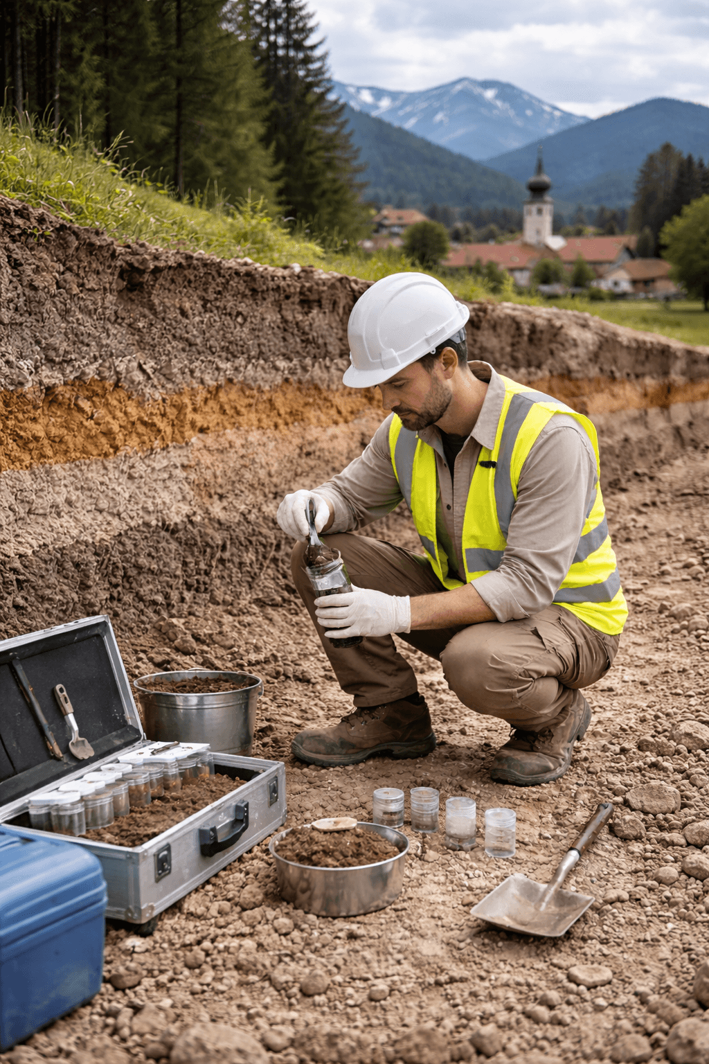 Geologe entnimmt Bodenprobe bei einer Bodenuntersuchung in Bayern, mit Probenbehältern und Werkzeugen im Gelände.
