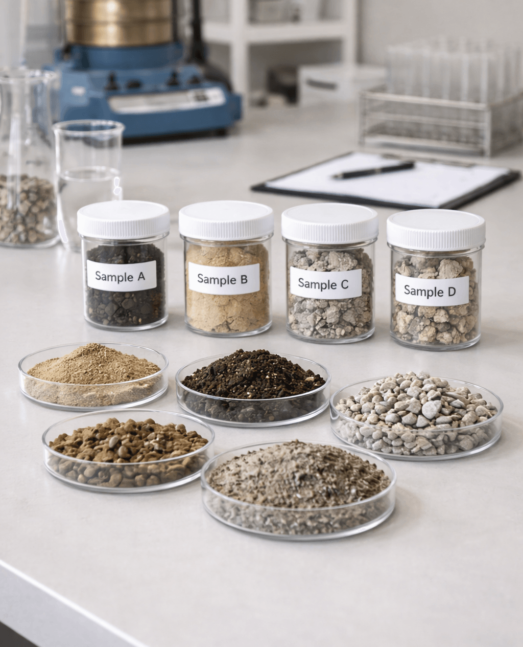 Bodenproben in beschrifteten Gläsern und Petrischalen auf Labortisch für Analyse und Qualitätsprüfung.