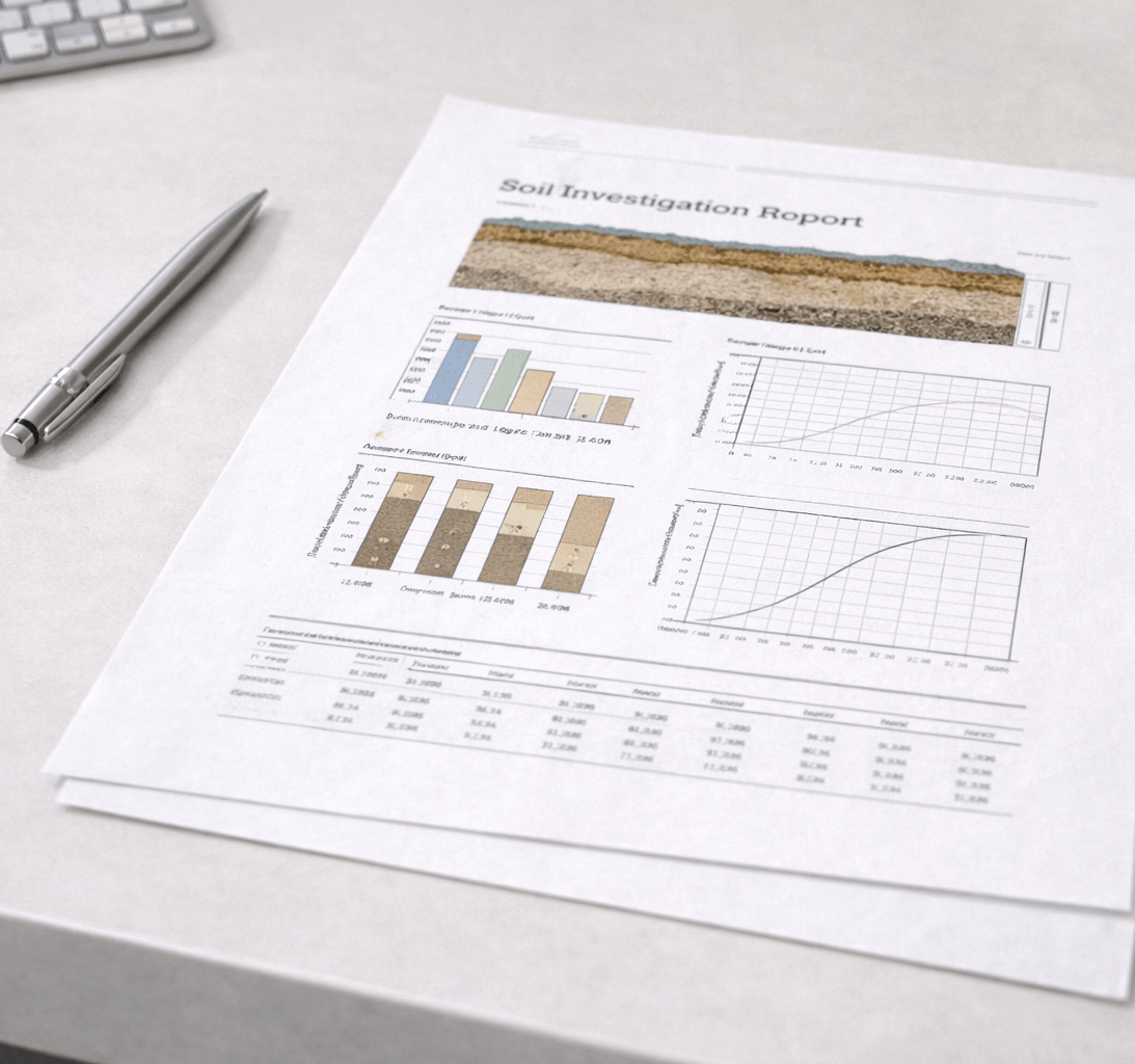 Ausgedruckter Soil Investigation Report mit Diagrammen und Bodenprofil auf einem Schreibtisch neben Stift.