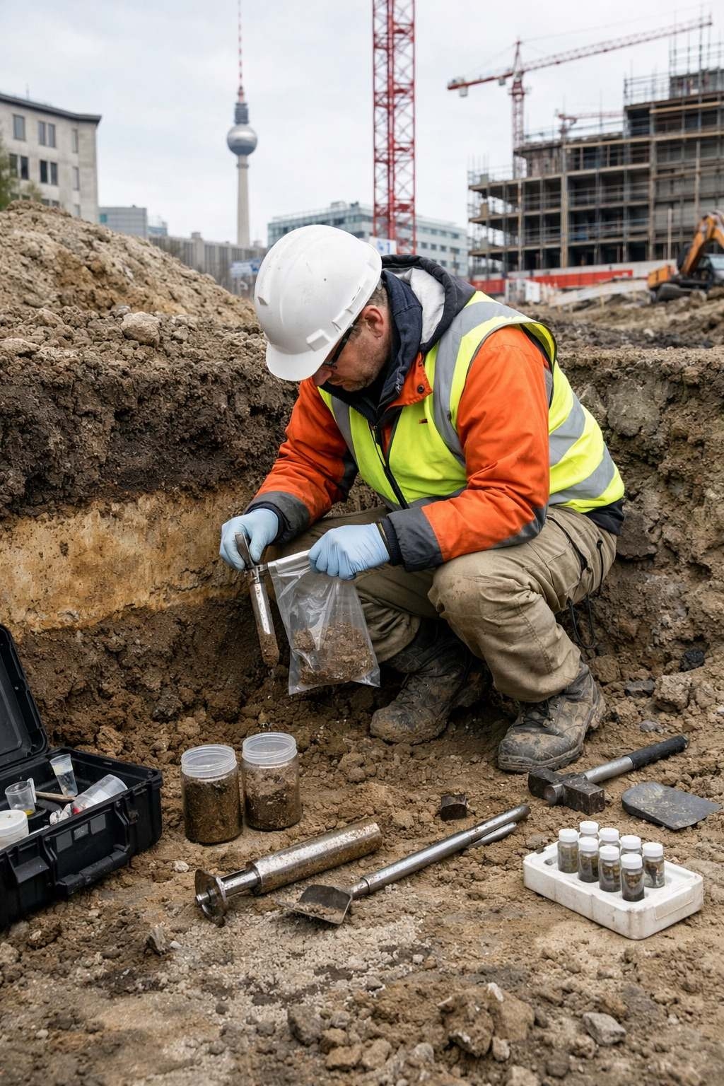Bauingenieur nimmt Bodenproben in einer Baugrube; Werkzeuge und Probenbehälter auf einer Baustelle in Berlin.