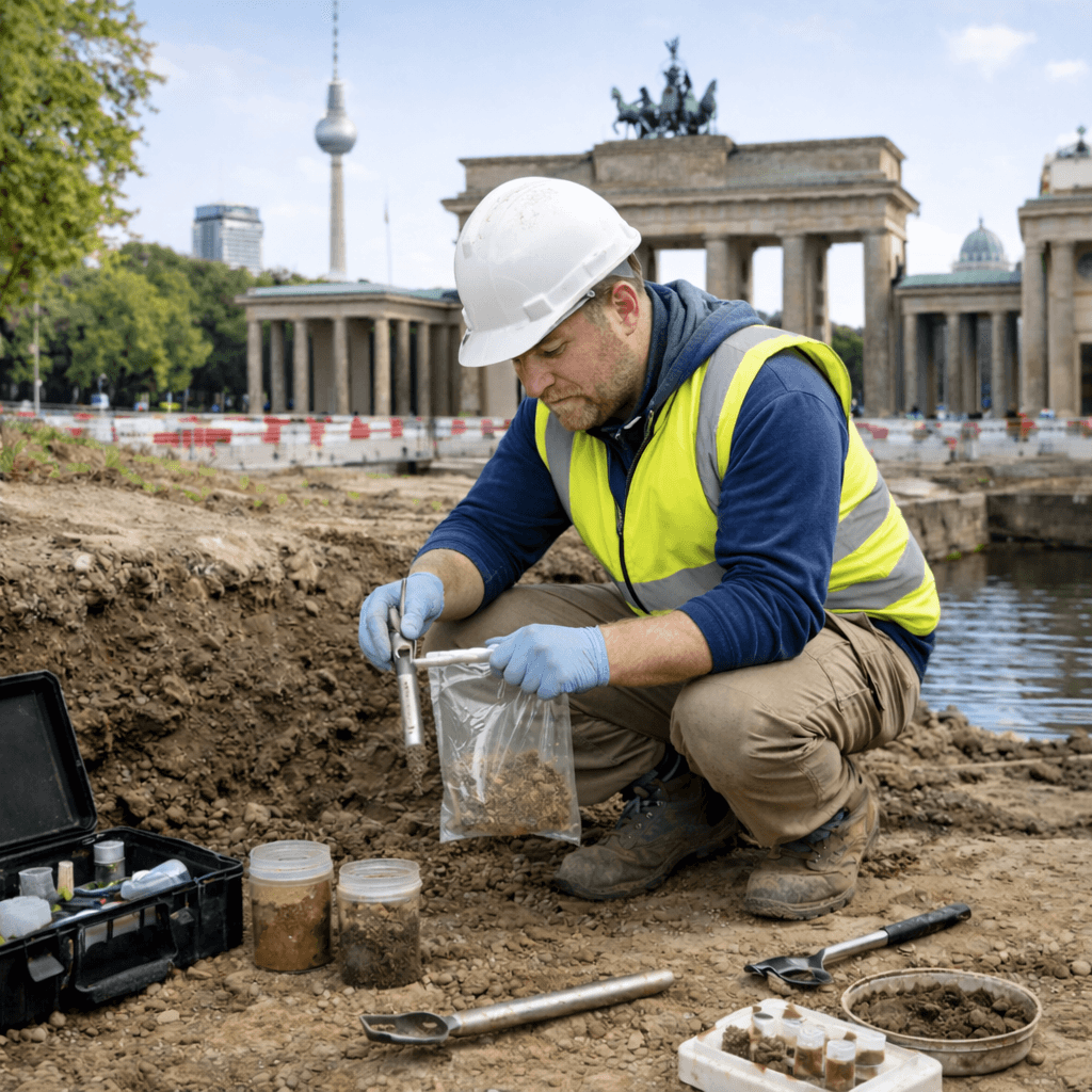 Geologe nimmt Bodenproben auf einer Baustelle in Berlin nahe dem Brandenburger Tor zur Analyse des Baugrunds.