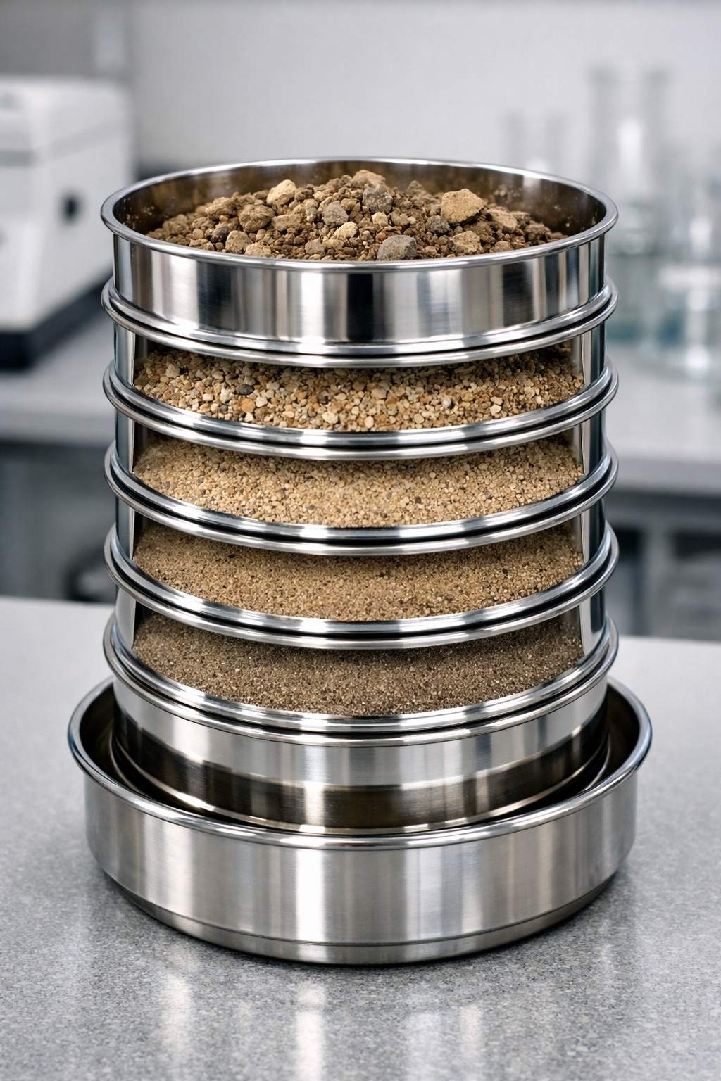 Metallsiebe mit Bodenprobe zur Korngrößenanalyse im Labor – geeignet für Baugrund- und Bodenuntersuchung Berlin.