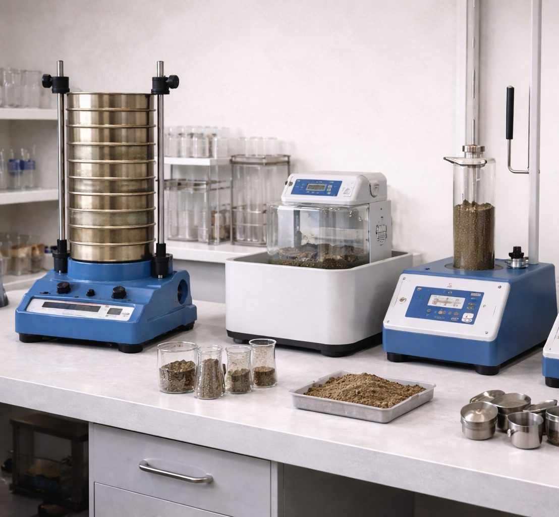 Laborgeräte zur Bodenanalyse mit Siebturm, Probenbehältern und Messgeräten für geotechnische Bodenuntersuchungen.