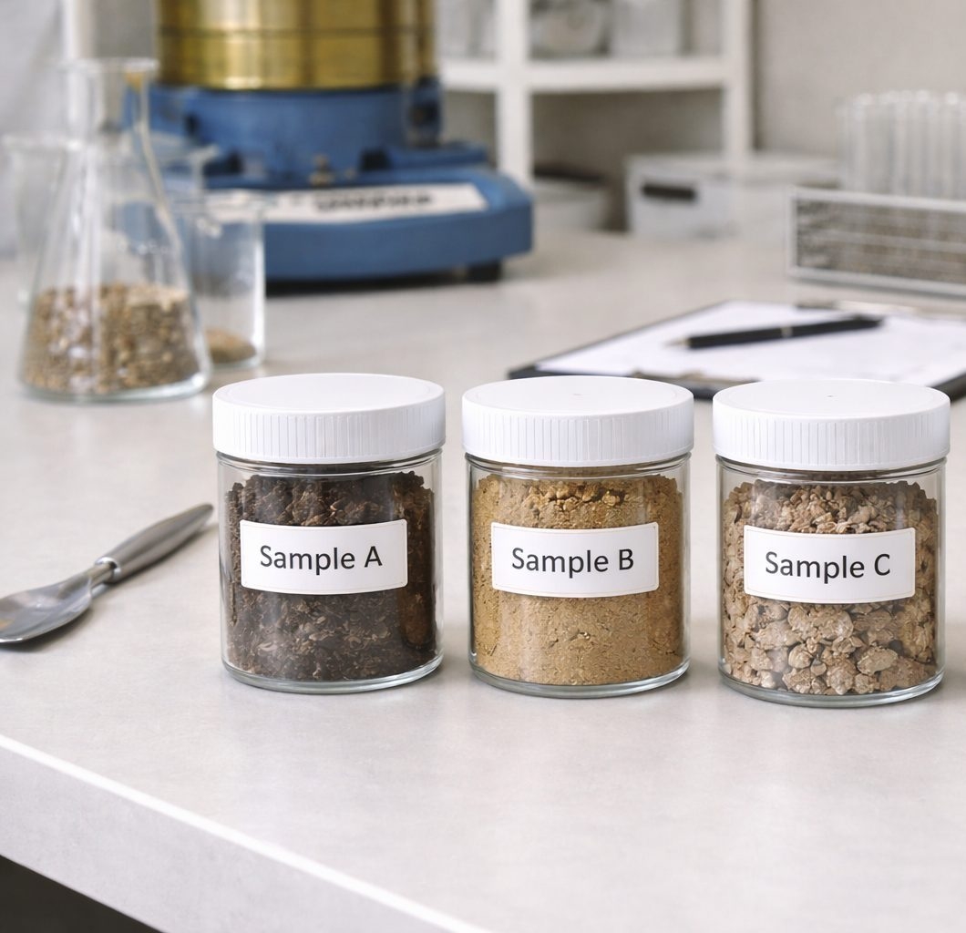 Vier beschriftete Bodenproben in Gläsern auf Labortisch, vorbereitet für Analyse und Dokumentation.