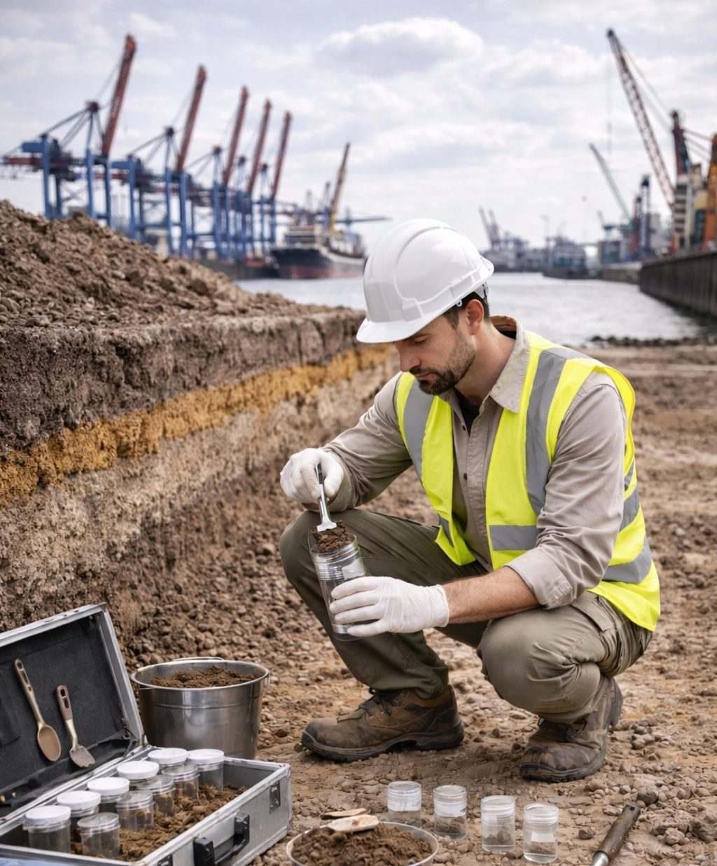 Ingenieur entnimmt Bodenproben auf einer Baustelle am Hafen, Probenbehälter und Messkoffer im Vordergrund.