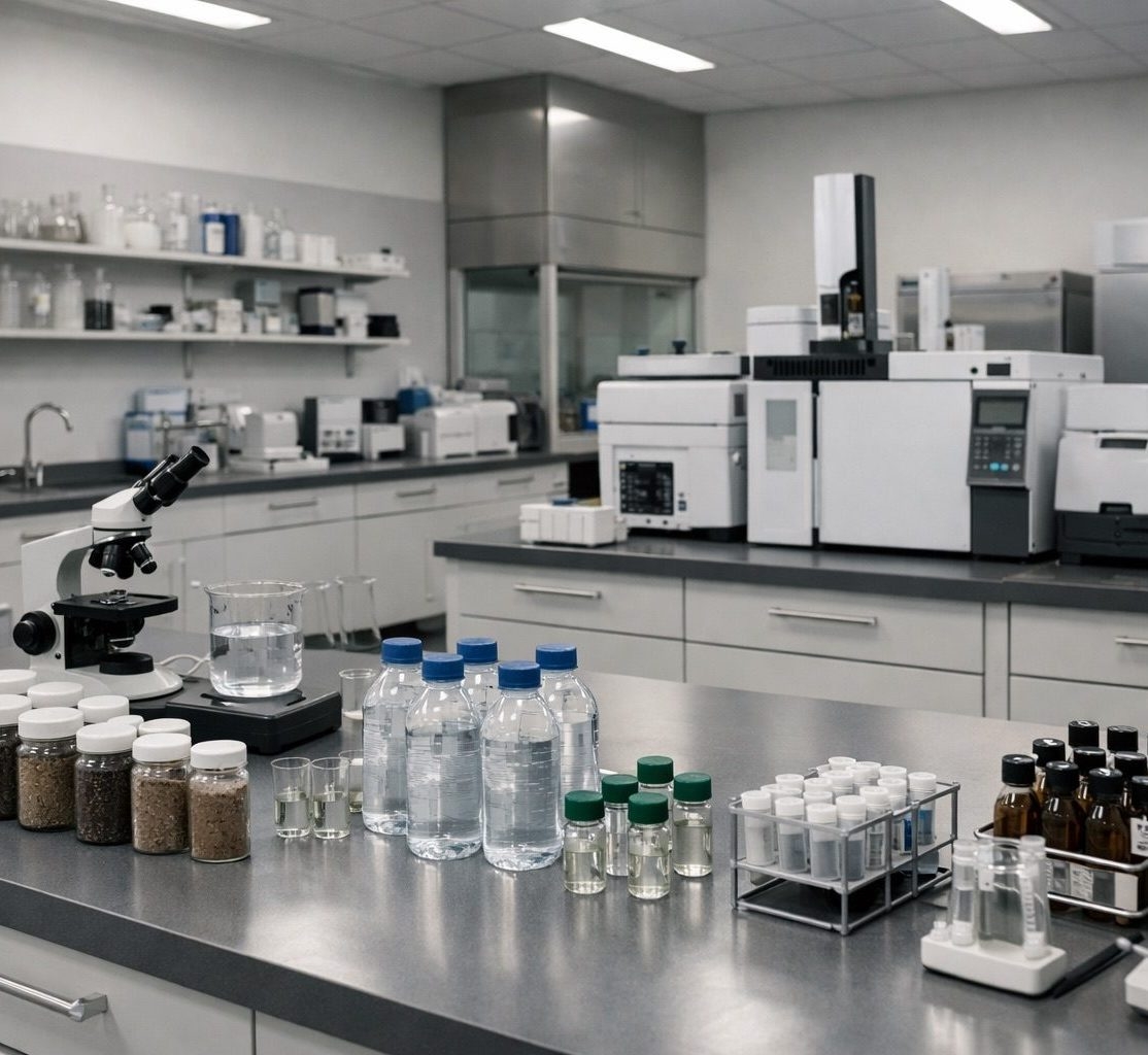 Modernes Labor mit Mikroskop, Analysegeräten sowie Wasser- und Bodenproben in Flaschen und Gläsern auf dem Labortisch für Umweltanalytik