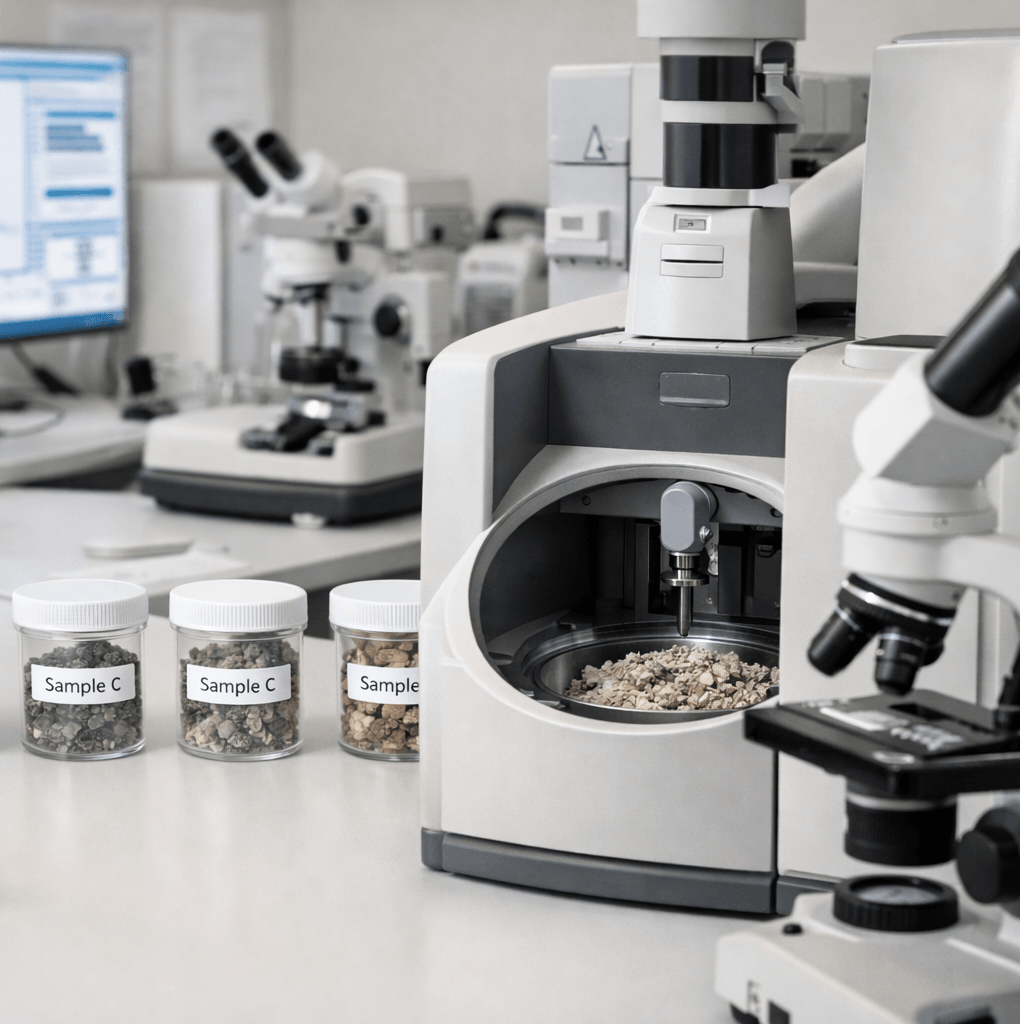 Labor mit Mikroskopen, Analysegerät und beschrifteten Probenbehältern zur Untersuchung von Material- und Bodenproben.