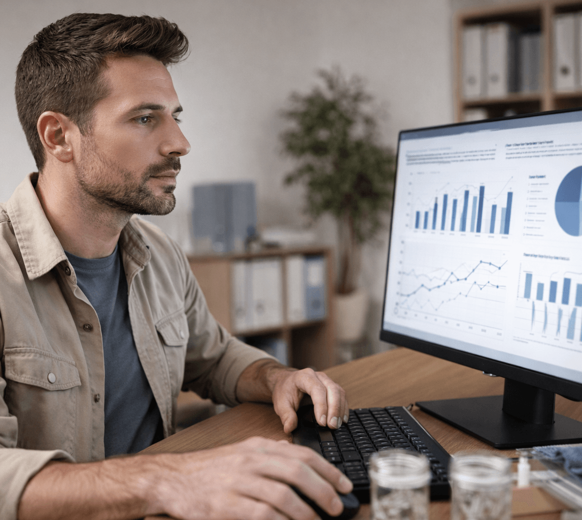 Schadstoffgutachter wertet Messdaten und Diagramme am Computer im Büro aus, Probengefäße stehen auf dem Tisch.