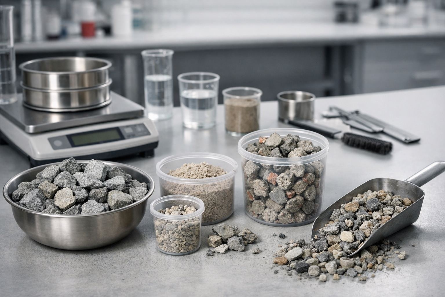 Boden- und Gesteinsproben in Behältern neben Waage und Laborgeräten zur Analyse von Umweltproben.