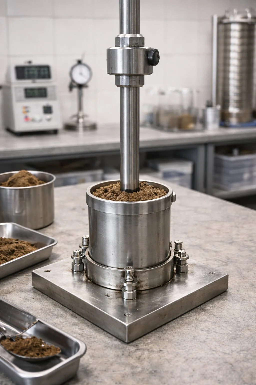 Laborgerät verdichtet eine Bodenprobe in einem Metallzylinder zur Prüfung der Materialeigenschaften und Dichte. - Baustofflabor