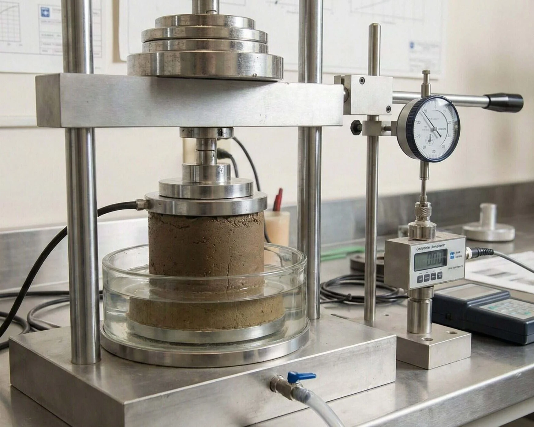 Laborgerät zur Druckprüfung einer zylindrischen Bodenprobe im Wasserbad mit Messuhr und digitaler Anzeige. - Baustofflabor