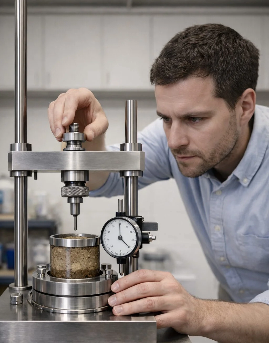 Techniker justiert ein Ödometer mit Messuhr und prüft die Setzung einer Bodenprobe im Labor. - Ödometerversuch