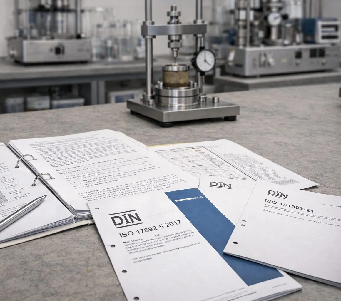 Laboraufbau mit Ödometer-Prüfgerät, Messuhr und DIN-ISO-Dokumenten auf dem Arbeitstisch. - Ödometerversuch