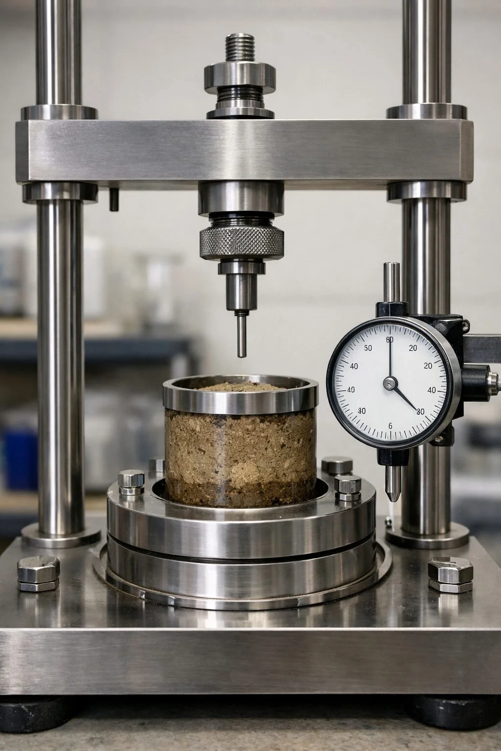 Laboraufbau mit Ödometer, Messuhr und Bodenprobe zur Bestimmung der Setzung und Verdichtung unter Last. - Ödometerversuch