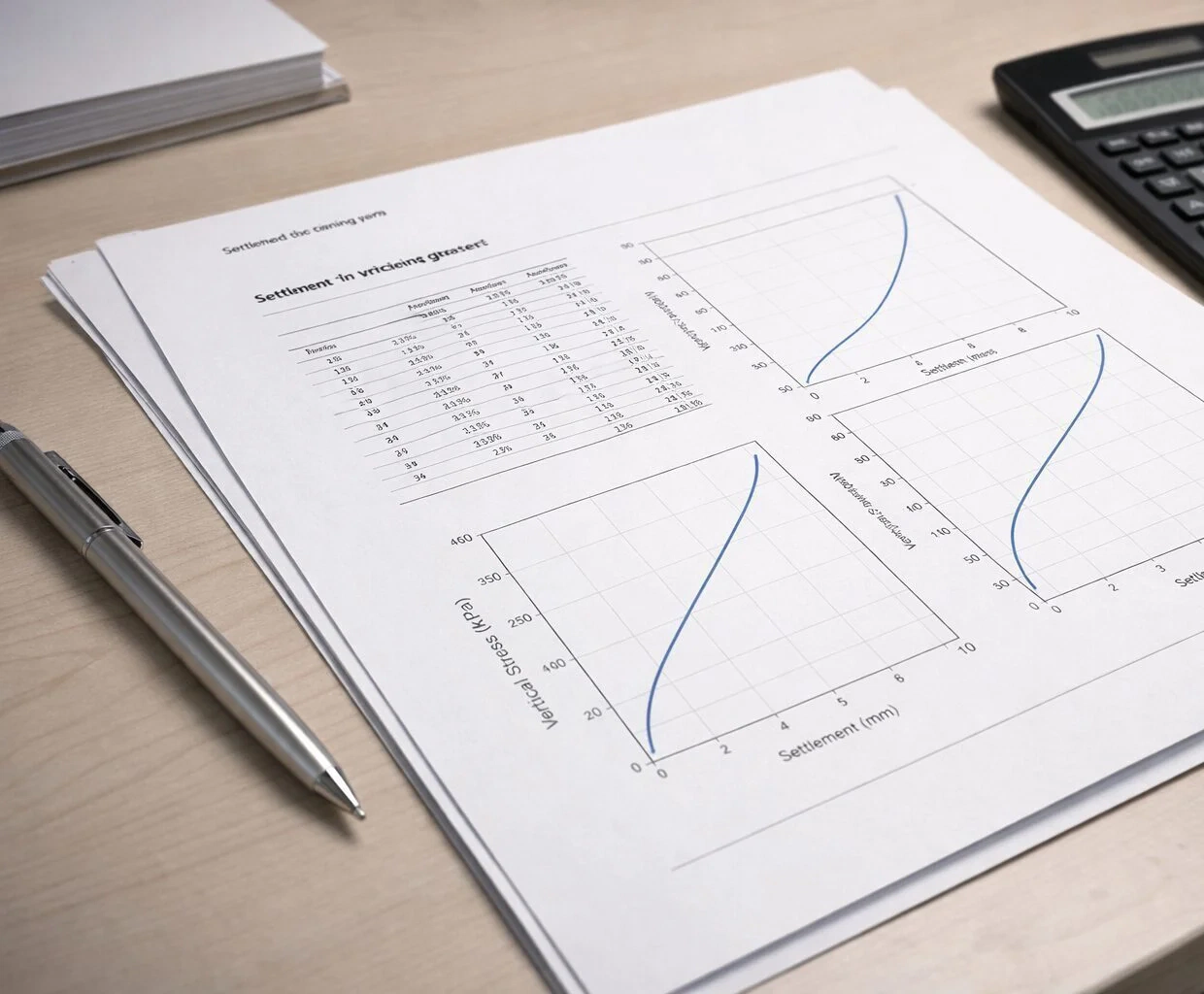 Ausgedruckter Prüfbericht mit Setzungsdiagrammen, Tabelle sowie Taschenrechner und Stift auf dem Schreibtisch. - Ödometerversuch