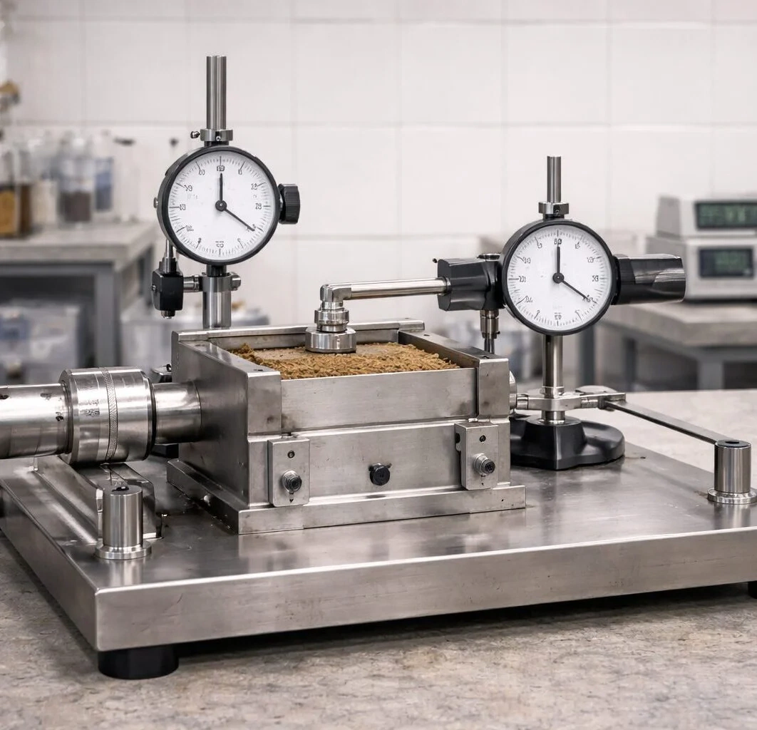 Labor-Prüfstand mit Messuhren zur Bestimmung der Bodenverdichtung und Setzung von Proben auf einer Metallplatte. - Baustofflabor