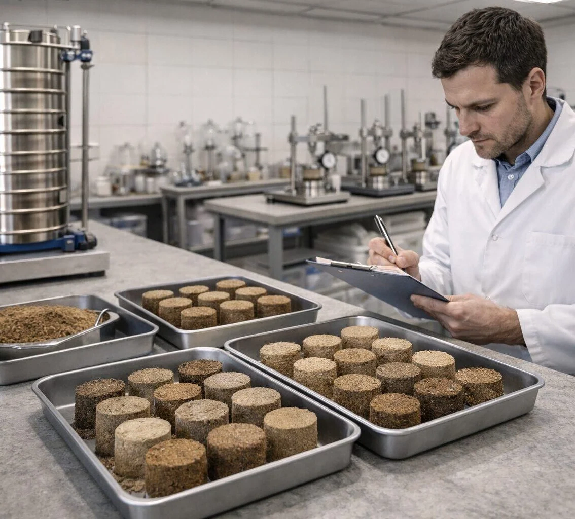 Laborant dokumentiert Prüfwerte von zylindrischen Bodenproben auf Metalltabletts in einem modernen Prüflabor. - Baustofflabor