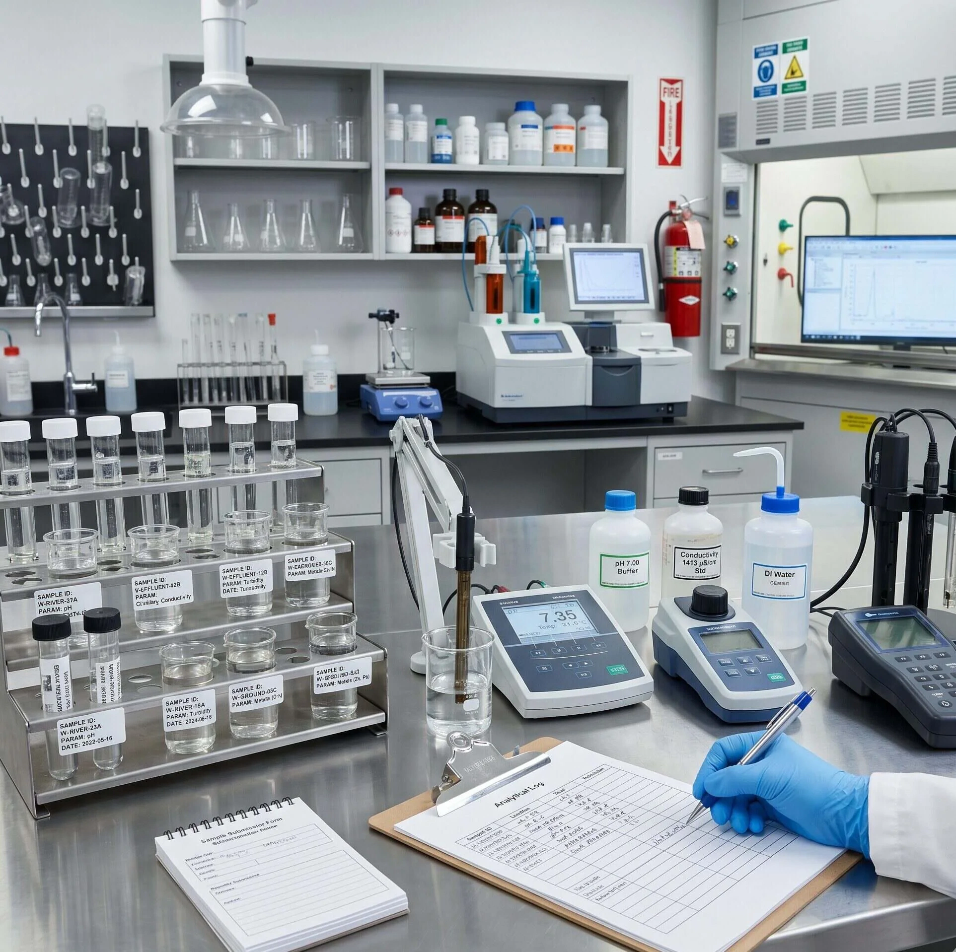 Labor für Wasseranalyse mit Messgeräten, Wasserproben in Bechern und Dokumentation der Analysewerte auf dem Labortisch