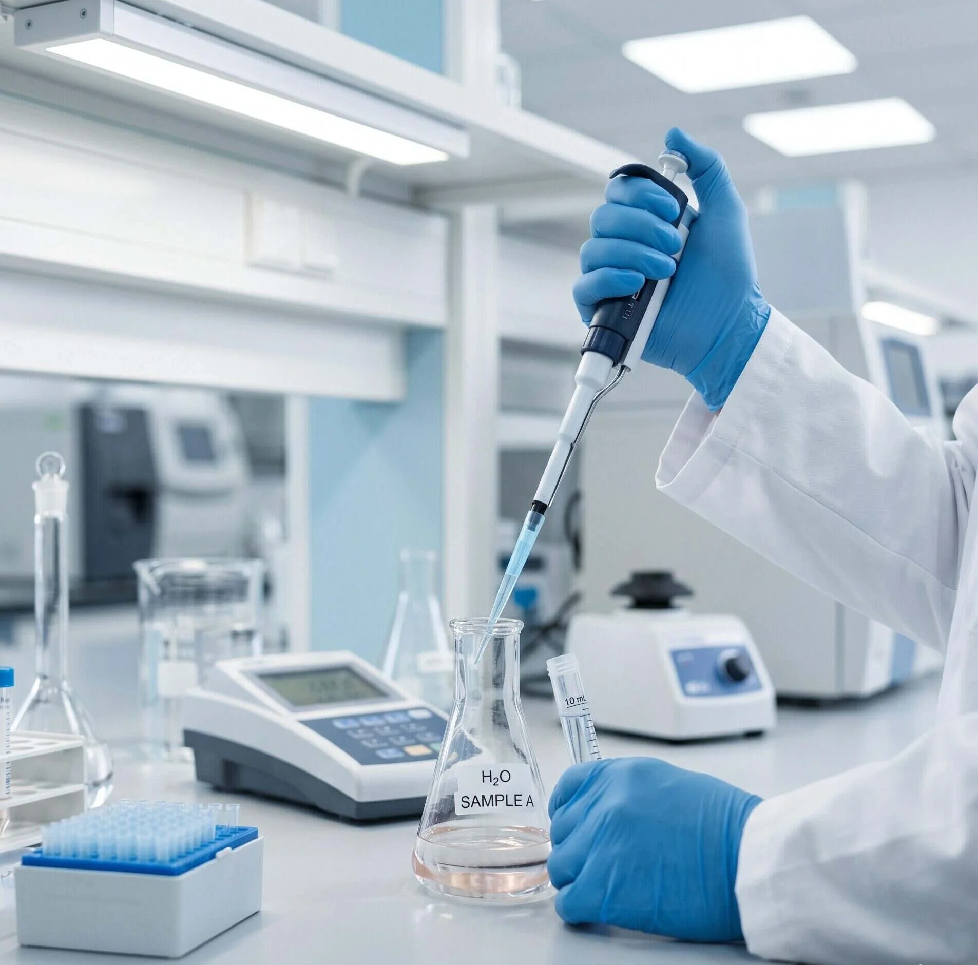 Fachkraft pipettiert Wasserprobe in Messkolben zur präzisen Qualitäts- und Schadstoffprüfung zum Thema labor für in Wasseranalyse