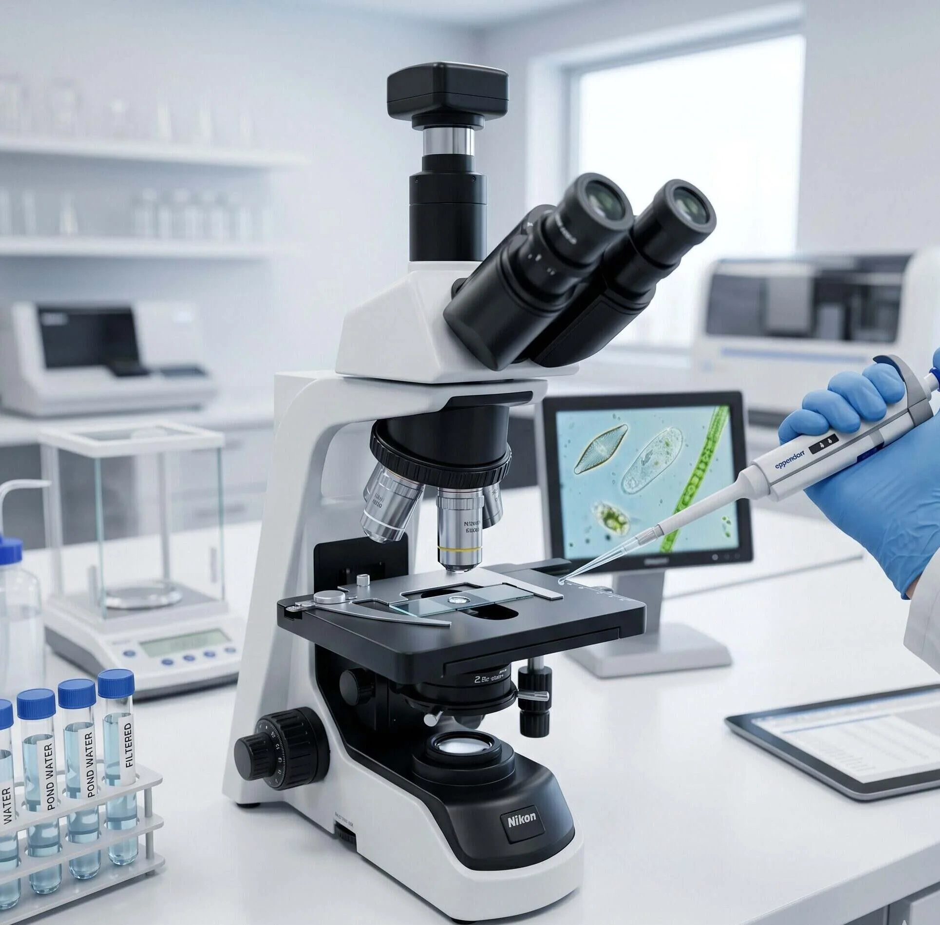 Mikroskop im Wasseranalyse Labor: Laborhandschuh mit Pipette untersucht Wasserprobe auf Mikroorganismen