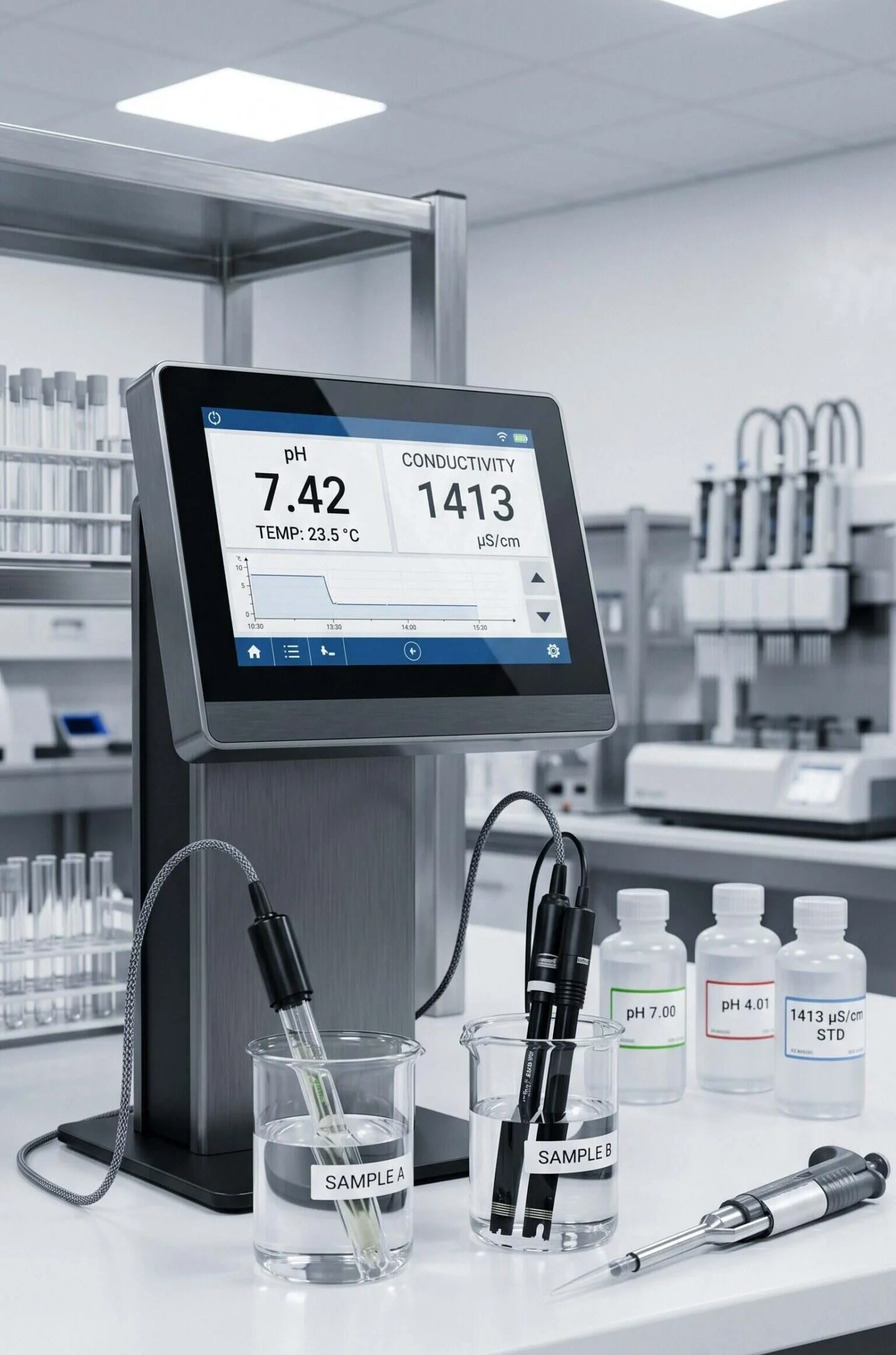 Messgerät im Wasseranalyse Labor misst pH-Wert und Leitfähigkeit; Proben in Bechern und Kalibrierlösungen auf dem Labortisch