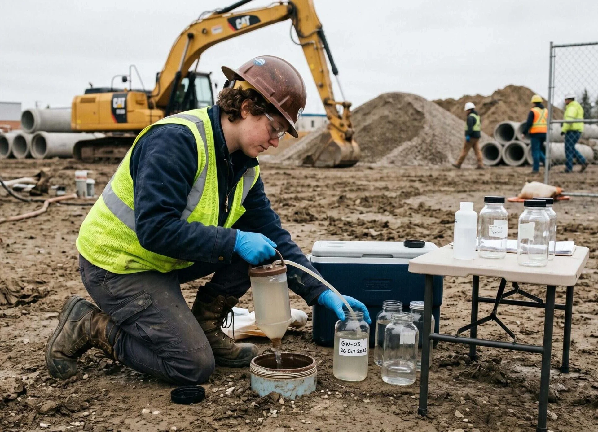 Fachkraft entnimmt Wasserprobe auf Baustelle für eine Wasseranalyse im Labor, mit Probenflaschen und Messausrüstung