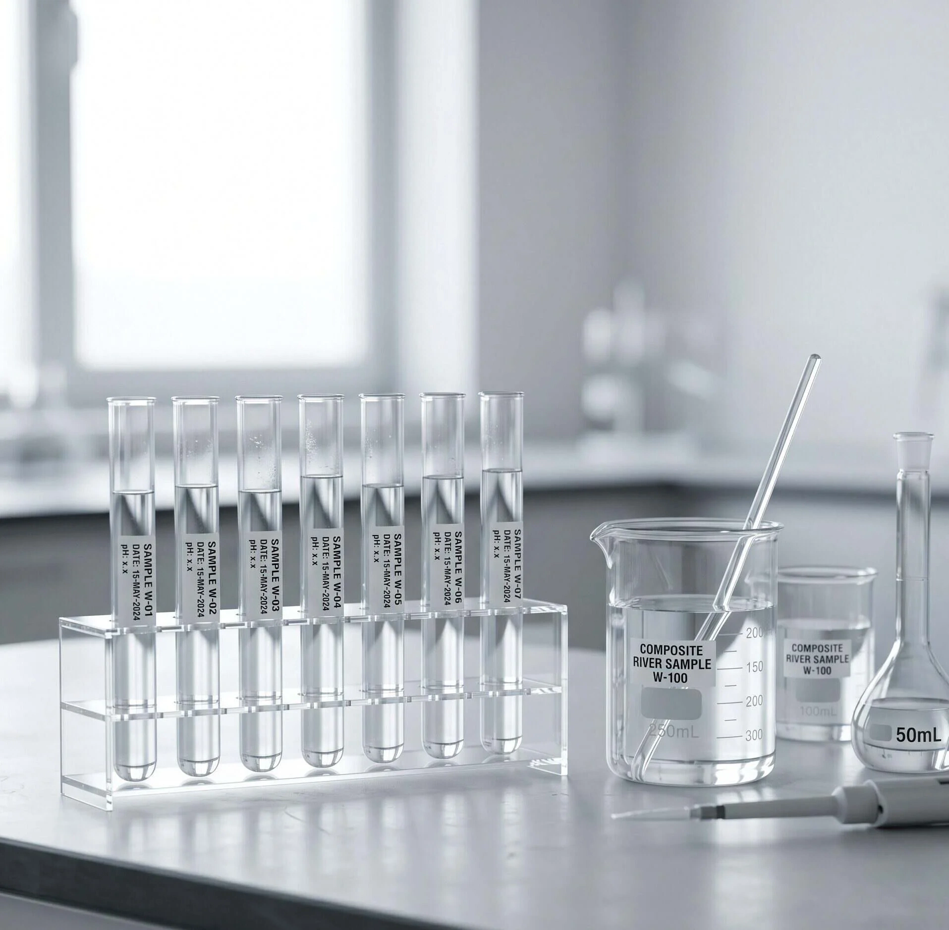 Laboraufbau für Wasseranalyse: Reagenzgläser und Becherglas mit Wasserproben auf dem Labortisch